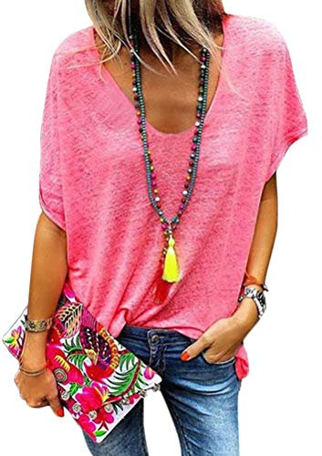 Minetom Femme Été Chic Col en V Manche Courte T-Shirt Chemisier Blouse Élégant Mode Basique Hauts Tops Solide Rose FR 42