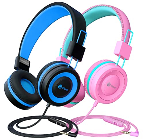iClever 2 Pack Auriculares para Niños, Auriculares con Cable para Niños con Micrófono, Ajustable, Control de Volumen, y Plegables. Ideal para Niños, para Escolares Viajes