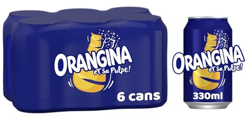 Orangina Sparkling Fruit Drink; Multipack of 6 x 330ml cans; contains a blend of citrus juices, real orange pulp and orange zest