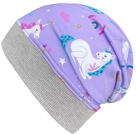 Wollhuhn ÖKO Leichte Mädchen/Jungen Beanie-Mütze Bündchen Elastisch Übergangszeit/Sommer Kinder-Mütze Baumwolle (Öko-Stoffe, Bio) 22222235 (Einhörner Flieder, S)
