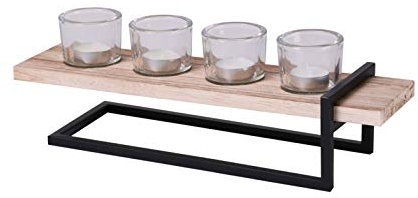 Set von 4 Teelichthaltern mit Holztablett Metallständer Dekoration Glas Dekorative Teelichthalter Ornament Tisch Mittelstück Home Wohnzimmer Badezimmer Schlafzimmer (4 Kerzen auf Ständer)