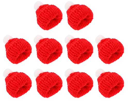 Amosfun 10 Stück Weihnachtsmütze, klein, gestrickt, Weihnachtsmütze, niedliche Weihnachtsmütze, Kopfbedeckung, Gastgeschenke, handgefertigte Accessoires (Rot)