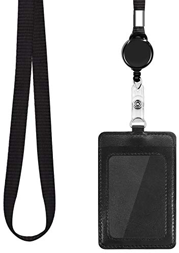 HONZUEN Ausweishülle mit Band Leder,Ausweishalter Ausziehbar Leder Vertikal Kartenhalter Kartenhülle mit Band für ID Card,Badge Holder Business Ausstellung Büro Kartenhalter,Schwarz