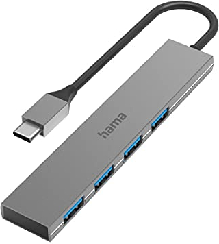 Hama USB C Hub 4 Ports (Super-Speed Datenübertragung mit bis zu 5 Gbps, 4X USB-A für Maus, USB-Stick, usw., USB 3.2 Gen1 Multiport Adapter, USB C Adapter 4in1 für Büro, Homeoffice und unterwegs) Alu