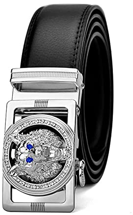 DFGGE Gürtel Herren Ledergürtel Ratsche Automatikschließe mit Heulender Wilder Wolfskopf Business Anzug Gürtel 38mm Breit,Silber,130cm(44~46)