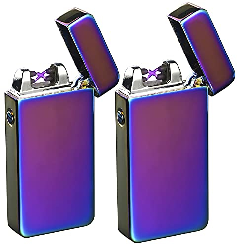 PEARL aufladbares Feuerzeug: 2er Pack Elektronisches USB-Feuerzeug mit Akku, violett (Lichtbogen, Not, Ewige Streichholz)