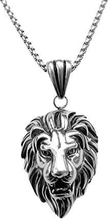 EMSea Silver Men Lion Head Shaped Pendant Necklace 316 Titanium Steel 21cm Rock Punk Style for Men Friend Son