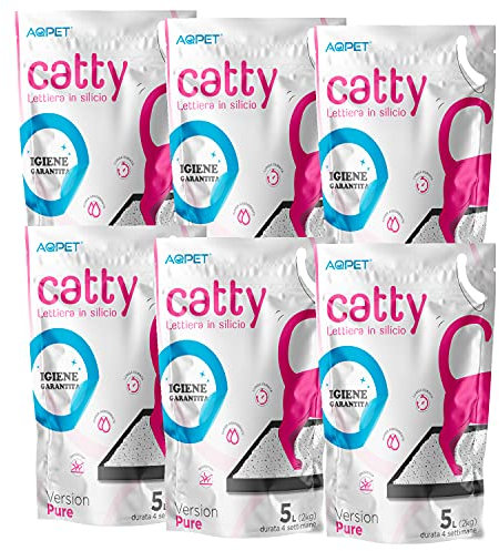 6 Confezioni Catty Lettiera al silicio cristalli per gatto 5 Lt a gel di silice profumo neutro super assorbente - 30 Litri
