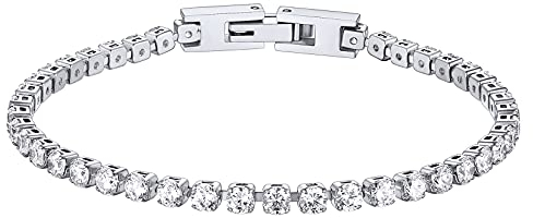 U7 Damen Tennis Armband Edelstahl Armbänder Damen Silber Tennisarmband mit 3mm Weiß Zirkonia Armbänder Diamant für Frauen Charm Armband Mädchen Armkette Armreif Armschmuck Modeschmuck für Muttertag