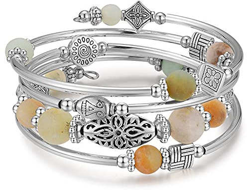 Bulinlin Damen Wickelarmband aus Natur Achat Stein Mehrschichtiges Perlen Silber Armkette Valentinstag Modeschmuck Geschenk (Grün)