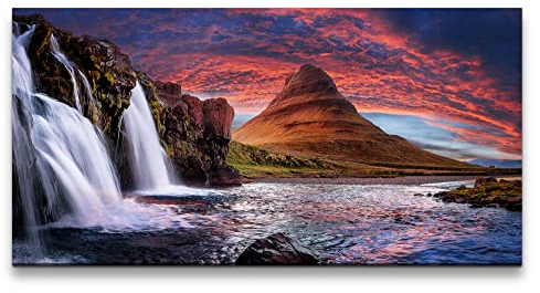 Paul Sinus Leinwandbild 120x60cm Skogafoss Island Natur Wasserfall Roter Himmel