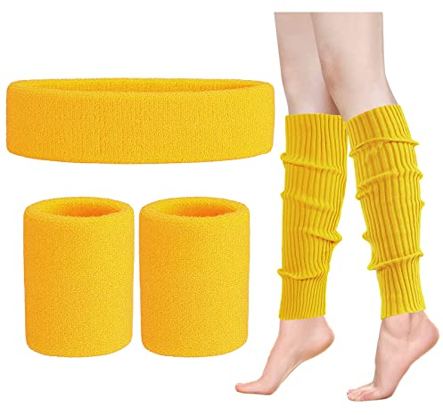 ONUPGO Beinlinge Set Damen 80er Neon Strick Beinlinge Stirnband Armbänder 1980er Jahre Workout Kostüme Zubehör für Frauen (Yellow)