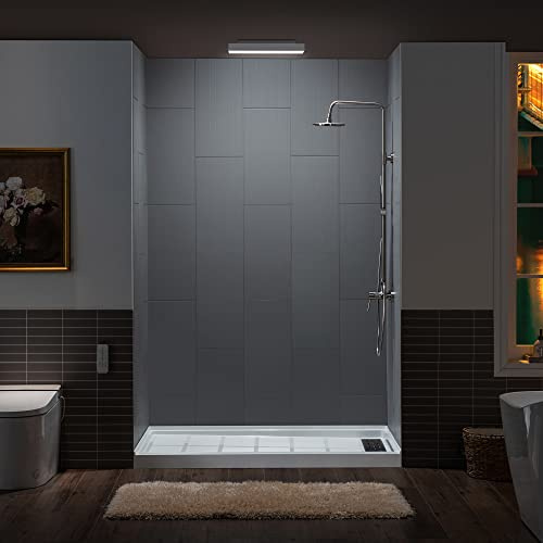 WOODBRIDGE Solid Surface 60 W x 36D x 75H Shower Wall Panel Surround kit in Matte Gray Finish, 0.138 (3.5mm) Thick, Stacked Block in a Staggered Vertical Pattern, Trimmable, Quick Install
