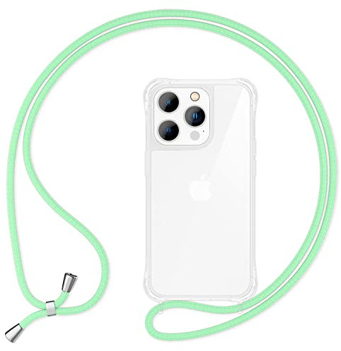 NALIA Handyhülle mit Kette kompatibel mit iPhone 14 Pro Hülle, Transparente Schutzhülle & Handy-Schnur zum Umhängen, Robust Vergilbungsfrei Klar, Hardcase & Silikon Rahmen, Kordel, Farbe:Mint