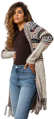 Roman Originals Women Cardigan - Ladies Longline Coatigan Tassel Open Front Cardi Winter Autumn Casual Textured Edge to Edge Yarn Patterned Comfy Work Going Out - Natural - Size 18