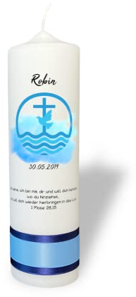 Taufkerze mit Taufsymbol - Taube, Kreuz und Wasser