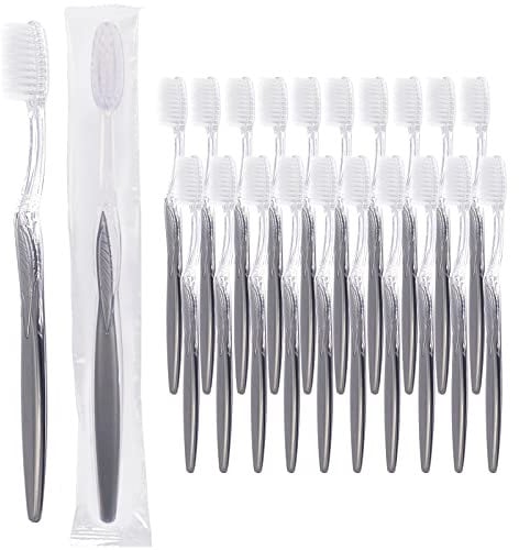 Grey Handle Toothbrush, Bulk Disposable Toothbrushes Individually Packaged for Travel, Hotel (20)