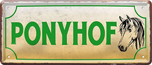 WOGEKA ART Retro Blechschild - PONYHOF - Lustiger Spruch als Geschenkidee für PONNY FREUNDE zu Geburtstag Weihnachten als Deko Schild 28x12 cm Vintage Metallschild 623