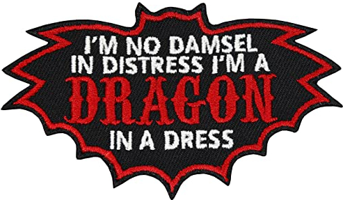Aufnäher Patch I'm no damsel in distress, I'm a dragon in a dress Lustiger Sticker zum annähen/aufbügeln | Jeans Flicken Bügelbilder für alle Stoffe | fabric applique 100x60mm