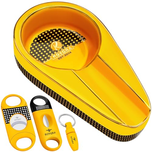 roygra Zigarren Aschenbecher mit Zigarrenschneider Set, Handgefertigter vergoldeter Keramikaschenbecher mit Vergrößerung Guillotine, Vergrößern V-Cut, Zigarrenstanzer (Orange)