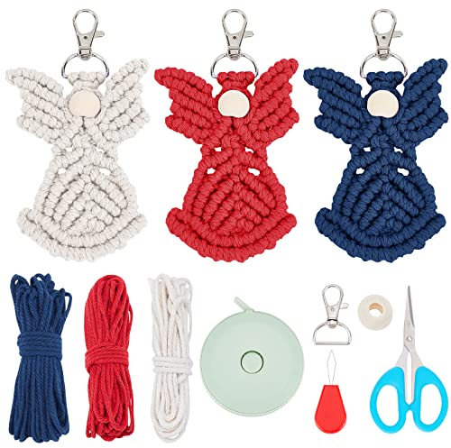 INFUNLY 3 Set DIY Makramee-Schlüsselanhänger Engel - Mini-Taschenanhänger 4. Juli - Rot Weiß Blau Mit Anleitungsvideo