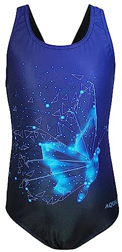 Aquarti Mädchen Badeanzug – Chlorresistenter Sport Badeanzug Mädchen mit Muscleback, Farbe: EP1281 Schmetterling Blau/Schwarz, Größe: 134