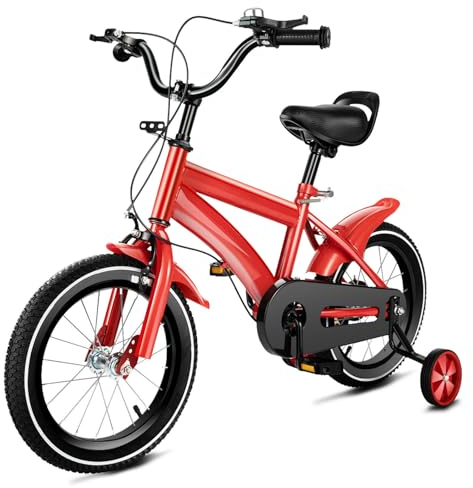 WSIKGHU 14 Zoll Kinderfahrrad für Mädchen und Jungen Rot Kinder Fahrrad mit Stützräder ab 3-7 Jahre Lenkrad und Sattel Höhenverstellbar Kinder Fahrrad mit Schutzblech (Rot)