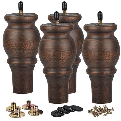 La Vane 6 inch Wooden Furniture Legs, 4PCS Soild Wood Turned Spindle Replacement Bun Feet with Pre-Drilled M8 Inch Bolt & Mounting Plate for Couch Sofa Cabinet Ottoman