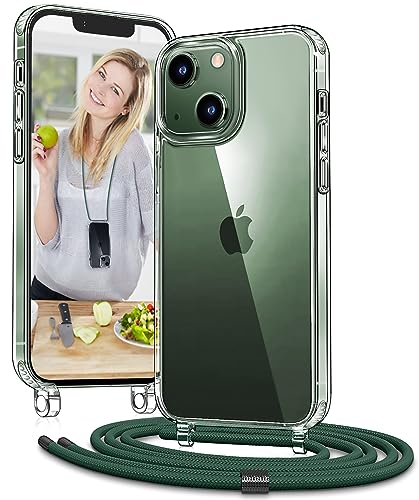 Vaykwo Handykette mit Band für Apple iPhone 13 Mini Hülle - Necklace Handyhülle - Transparente Case zum Umhängen mit Kameraschutz und Bildschirmschutz - DunkelGrün