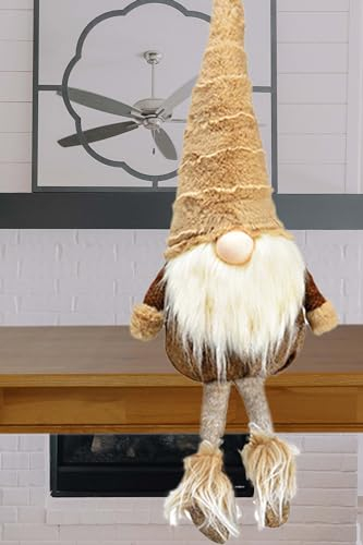 KAMACA Wichtel braun Deko Weihnachtswichtel aus Stoff mit Zipfelmütze Rauschebart & Schlenkerbeinen Skandi Winterdeko für Fensterbank Kaminsims Treppe Geschenkidee (Kantenhocker braun 21x55x14)