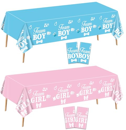 XJLANTTE 4 Stück Gender Reveal Tischdecken – rechteckige rosa und Blaue Tischdecke Gender Reveal Ideen für Partyzubehör für Jungen oder Mädchen, 139,9 x 218,6 cm (Gender Reveal-2)