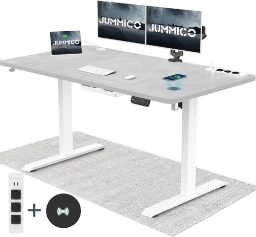 JUMMICO Höhenverstellbarer Schreibtisch mit Kabelloser Ladestation und Euro-Steckdose mit USB, Schreibtisch Höhenverstellbar Elektrisch Stehtisch, Standing Desk (Grau 140x70cm)