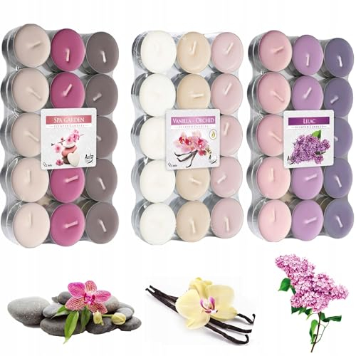 Duftkerzen, Teelichter, Kerze, Telicht, ideal für Kamine, Paraffin, Brenndauer 4H, 90 Stück, Vanille, Orchidee, Flieder