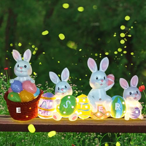 Ostern Hasen Gartendeko Statue mit Licht | Handbemaltes Harz Ornament für Zuhause | Einweihungs Geschenk (A)