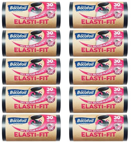 Bacofoil Elasti-Fit Bin Liners with Drawstring Handles 30L - Leak-Proof Bin Bag with Elastic Fastening for a Secure Fit (10 Rolls, 120 Bags)…