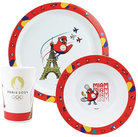 FUN HOUSE JEUX OLYMPIQUES PARIS 2024 ENSEMBLE REPAS JO AVEC UNE ASSIETTE PLATE Ø 22 CM, UNE ASSIETTE CREUSE Ø 16 CM ET UN VERRE 220 ML POUR ENFANT - VAISSELLE REUTILISABLE