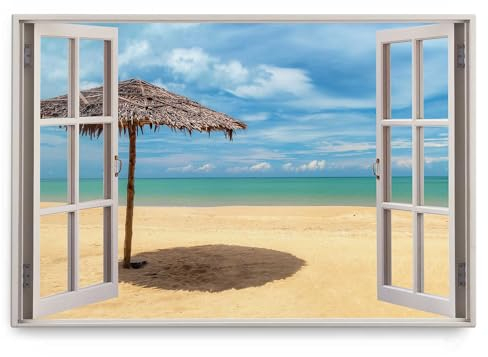 Paul Sinus Wandbild 120x80cm Fensterbild Sonnenschirm Strand Meer Horizont blauer Himmel