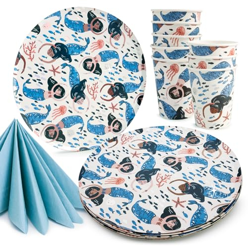 PARTY PARTY 36 Teile glitzerndes Meerjungfrau PARTYGESCHIRR SET 8 Gäste mit schimmernden Muscheln, FSC Servietten, Partyteller Mermaid Pappbecher, Meerjungfrau Geburtstag Deko Mädchen