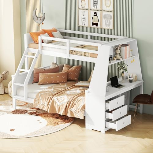 Azkoeesy Etagenbett mit Schreibtisch und Schubladen für 3 Kinder und Erwachsene, mit Fallschutz, Lattenrost und Stauraum, Dreibett Stockbett Kinderbett 140 x 200 cm und 90 x 200 cm Farbe weiß