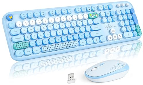 MOFII Kabellose Tastatur und Maus, niedliche Retro-Schreibmaschinentastatur und 3 DPI, leise Maus, 2,4 GHz Computer-Tastatur in voller Größe, kabelloses Maus-Set für PC, Laptop, Desktop, Windows (Blau