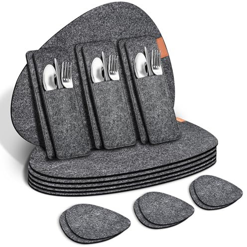 Tischsets abwaschbar 18-teilig – 6 große Platzsets 42x32cm + 6 Untersetzer + 6 Bestecktaschen, hitzebeständig & schmutzabweisend Filz Tischunterlage Esstisch – Waschbare platzdeckchen