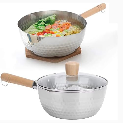 Yiustldd Stainless Steel Milk Sauce Pan, Traditional Japanese Yukihira Pan with Wood Handle & Steamer, Hammered Nonstick for Ramen/Milk Etc,22cm