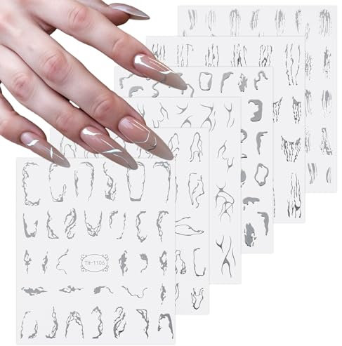 Giantree 6Blatt Silber Abstrakte Linie Nagel Sticker, Silber Nagelsticker, Nagelsticker Marmor Linie Nagelsticker Selbstklebend DIY Nail Art Sticker Zubehör für Damen Weihnachten Nagelkunst Dekoration
