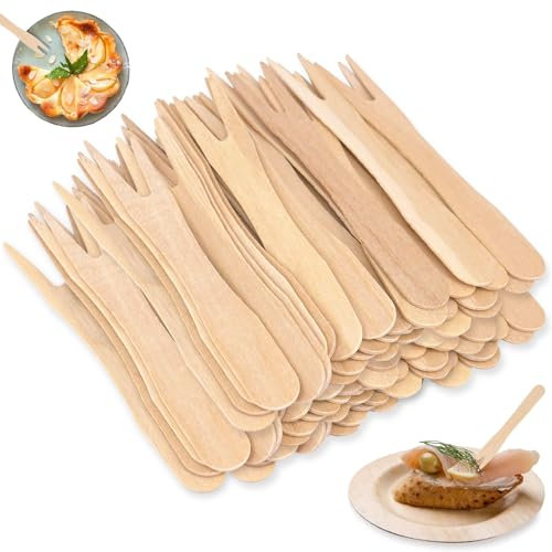 300 Pezzi Forchettine Legno Di Betulla, Forchette per Patatine Fritte, Forchette di Legno Spiedini per Patatine, Forchette per Patatine Fritte in legno 85 mm, Coltelli di Legno, per Feste, Compleanni