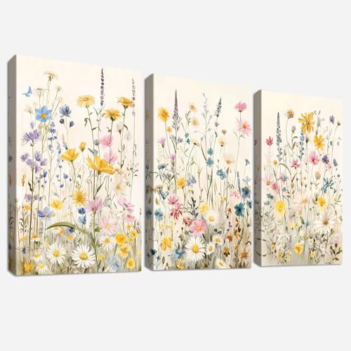 3Pcs Bunte Gänseblümchen Blumen Floral Mit Rahmen Leinwand Bilder Wildblumen Pflanzen Bild auf Leinwand Malerei Wandbilder Wohnzimmer Schlafzimmer Kinderzimmer Wanddeko 150x70cm (20x28x3)