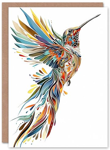 Artery8 Greeting Card Colourful Abstract Sylph Hummingbird Folk Art For Her Woman Birthday Card