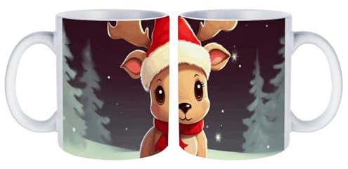 LDTVSFZQ Cute Christmas Reindeer Ceramic Mug, Soup Mugs with Handles Microwave Safe Mug to Decorate Large Glossy Ceramic Coffee Mug White Tea Cup for Office And Home