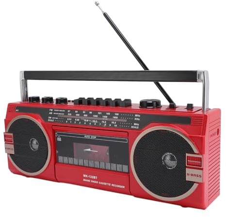 Retro -Kassette Tape Player Recorder AM FM SW -Radio mit Bluetooth -Lautsprecher, Batteriebetriebener Wechselstrom, Kassettenkassetten -Kassetten -Slot Rot (EU-Stecker)