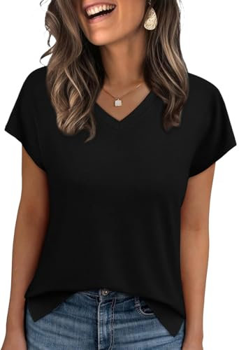 WIHOLL T Shirts for Women V Neck Summer Tops Ladies Short Sleeve Casual Tee Black Tops Size 22-24