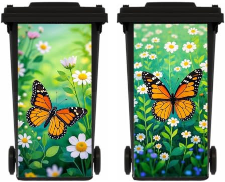 WRYXPL 2 Sheets Butterfly Wheelie Bin Stickers, Flower Self Adhesive Dustbin Stickers, Waterproof Bin Decal, for Garden Outdoor, Wall Decoration